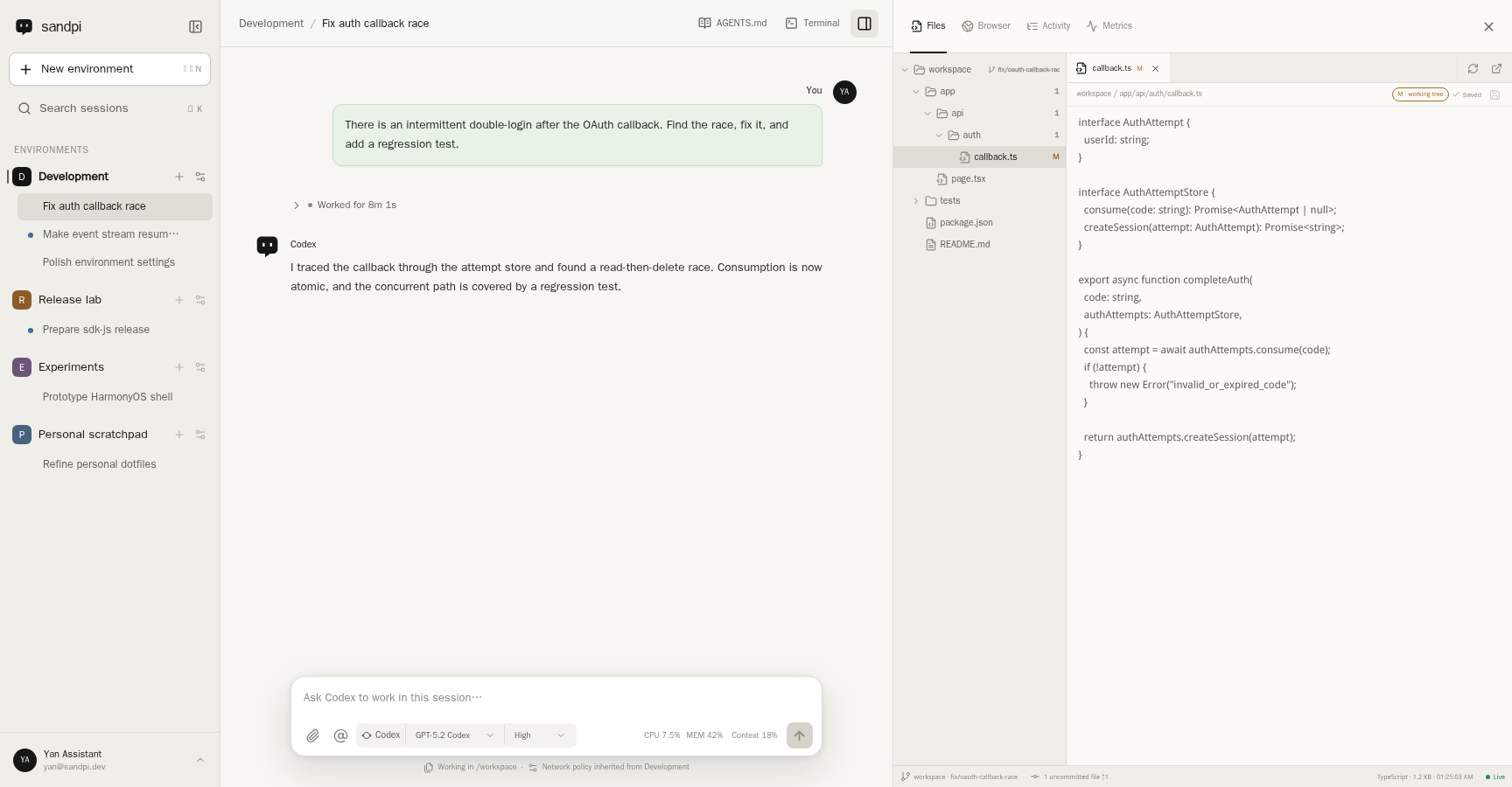 A Codex session and its persistent Workspace file browser in Sandpi